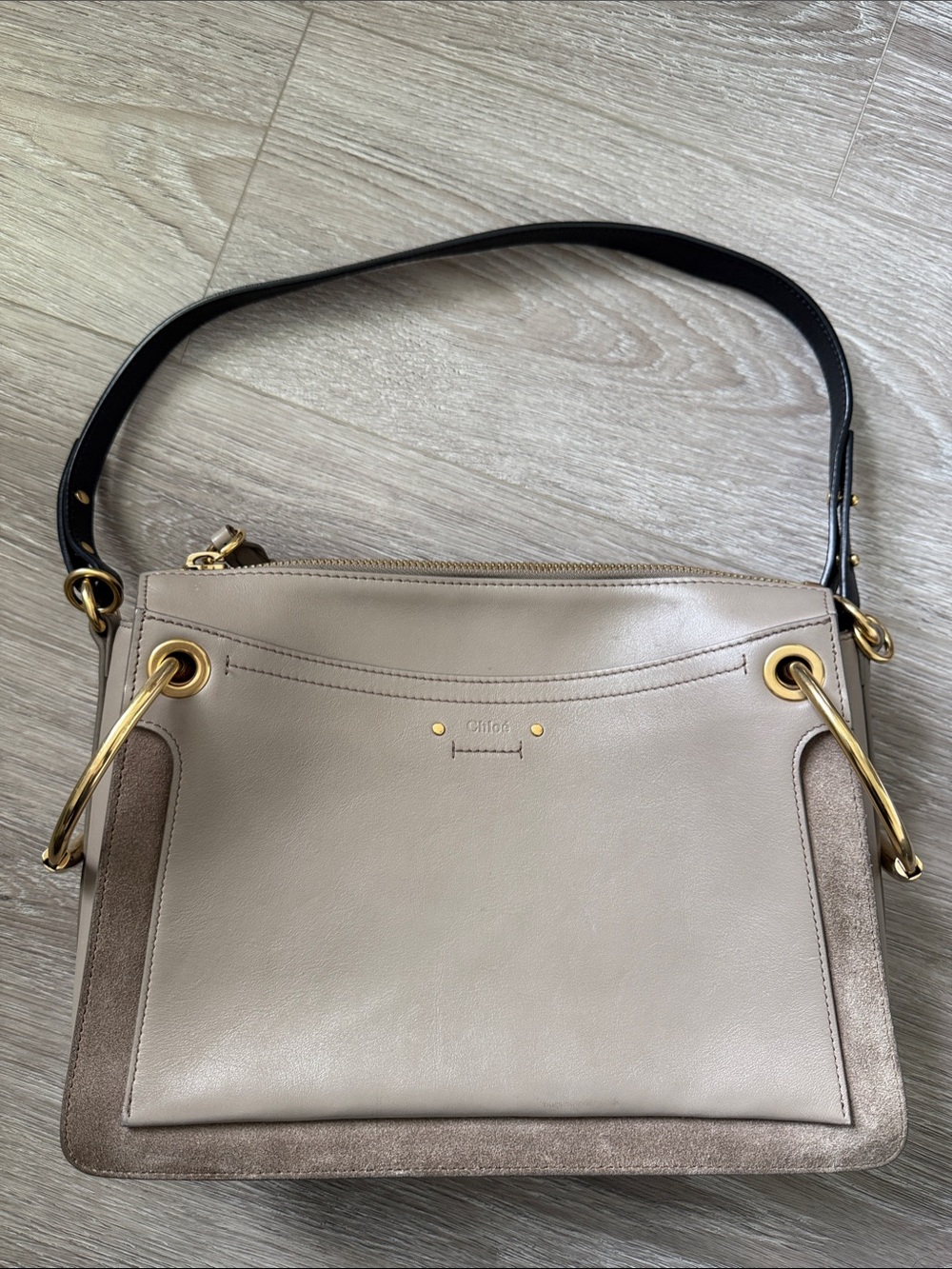 Chloe Taupe Leather & Suede Shoulder Bag with Black Strap and Gold Hardware